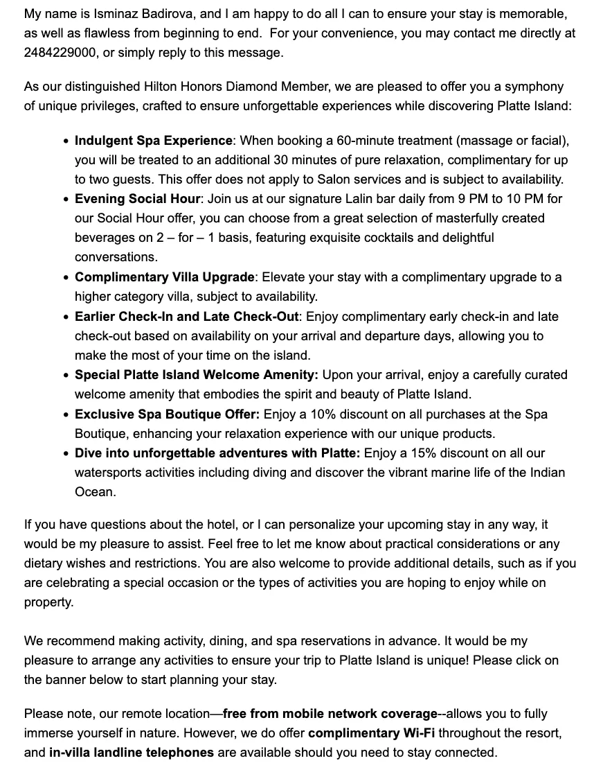 The initial email I got from Waldorf regarding Diamond member benefits