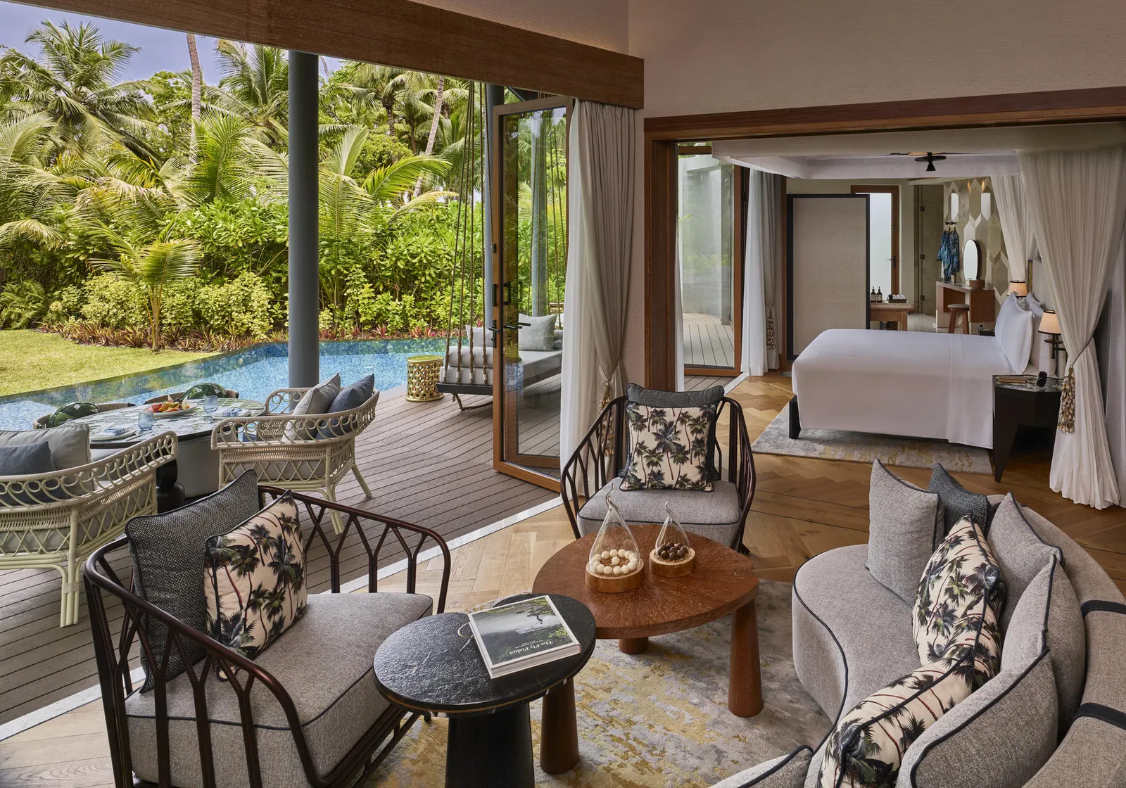 The villa living room, opening onto the pool deck